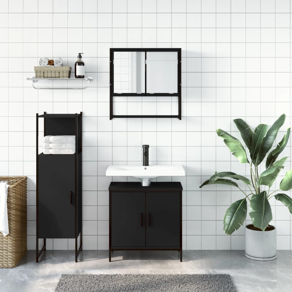 Set Mobili Da Bagno 3 Pz Nero In Legno Multistrato