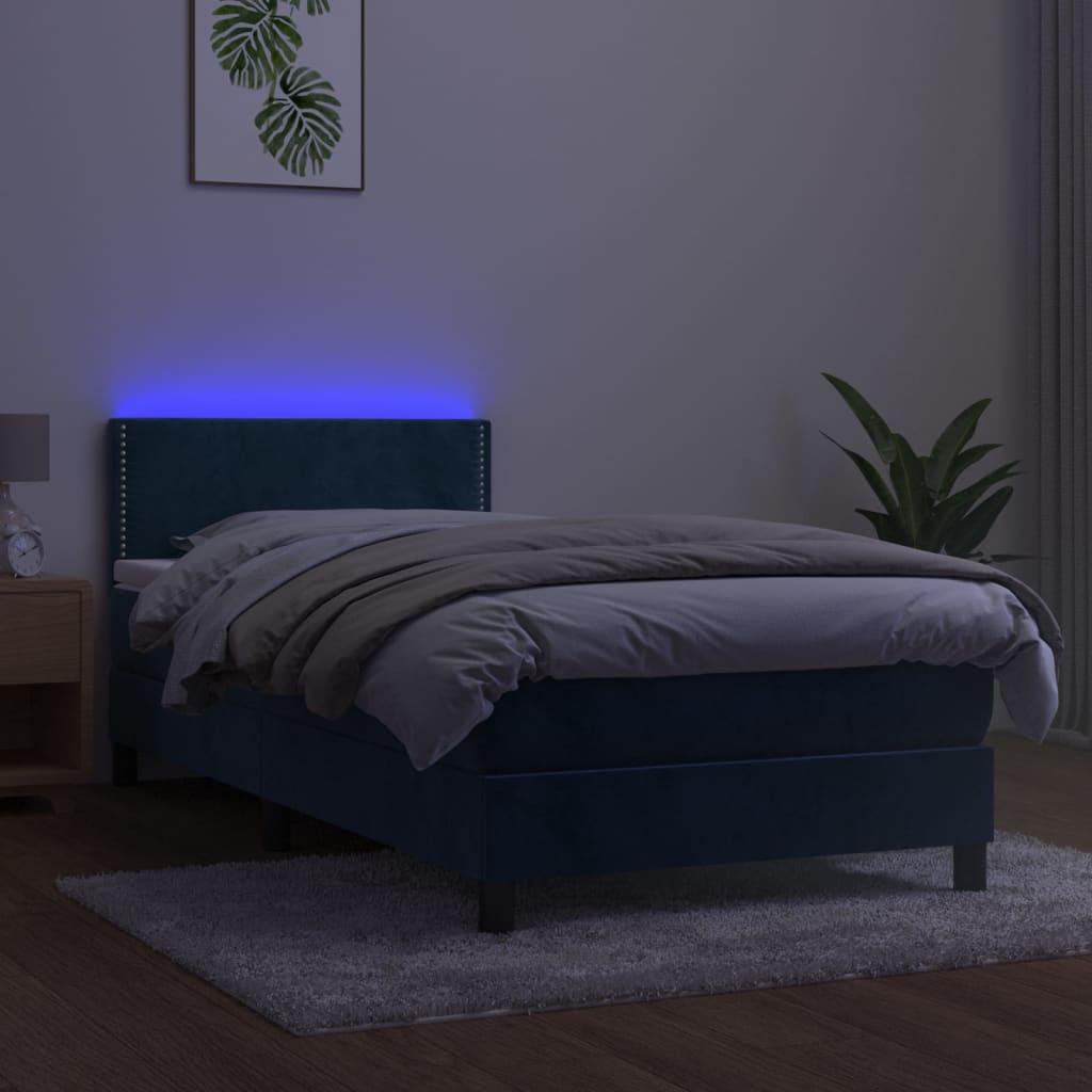 Letto A Molle Con Materasso E Led Blu Scuro 90x190cm In Velluto