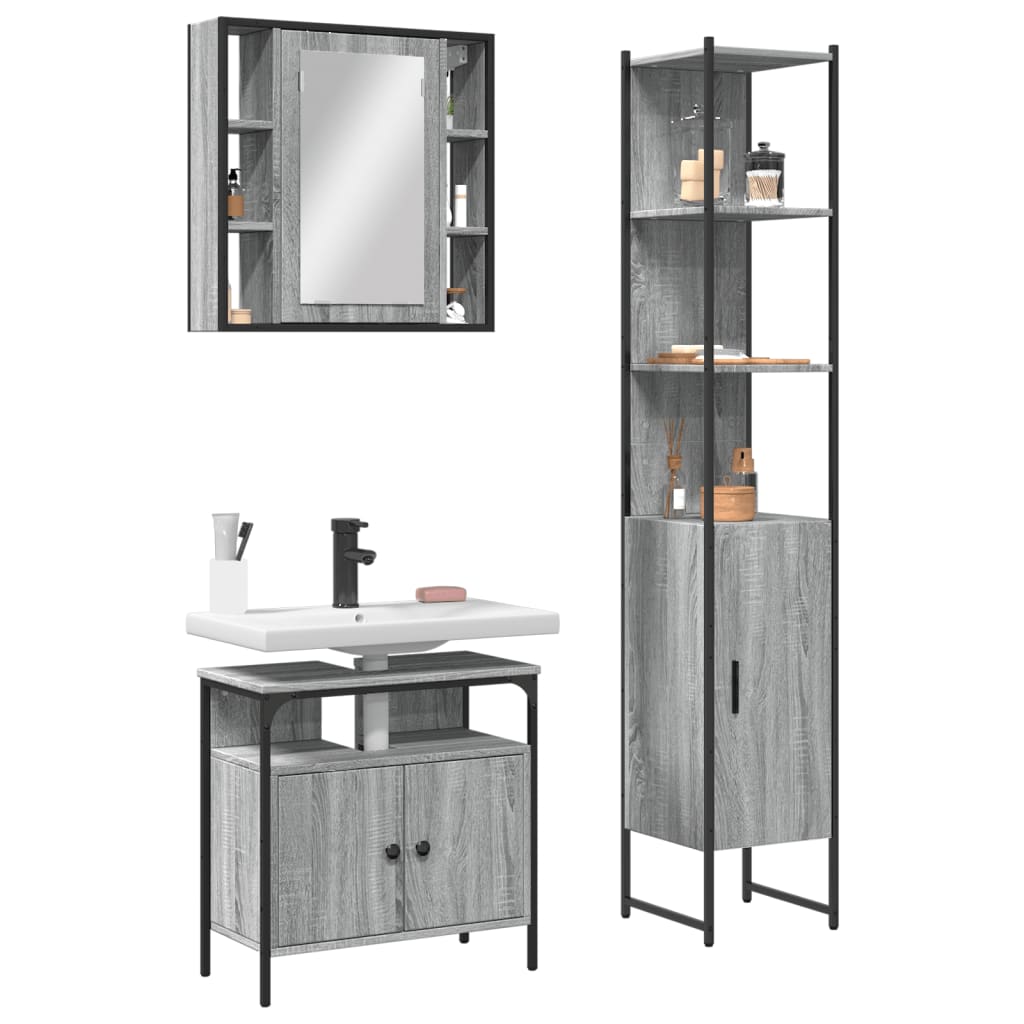 Set Mobili Da Bagno 3 Pz Grigio Sonoma In Legno Multistrato