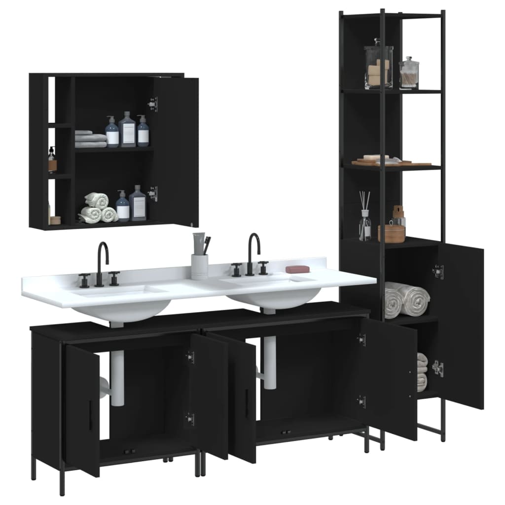 Set Mobili Da Bagno 4 Pz Nero In Legno Multistrato