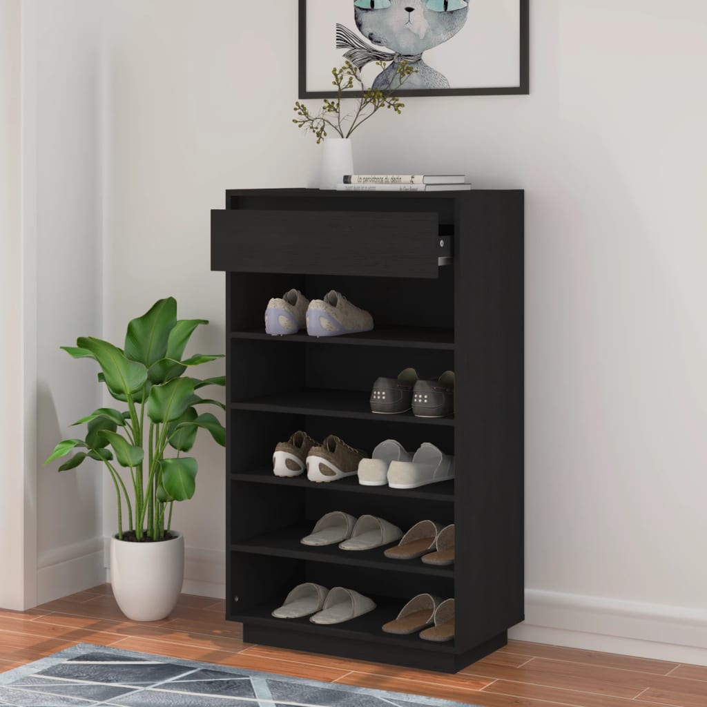 Scarpiera Nera 60x34x105 Cm In Legno Massello Di Pino