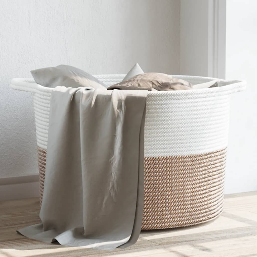 Cesto Per Biancheria Marrone E Bianco Ø55x36 Cm In Cotone