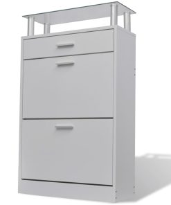 Scarpiera Con Cassetto E Mensola Vetro Sopra In Legno Bianco