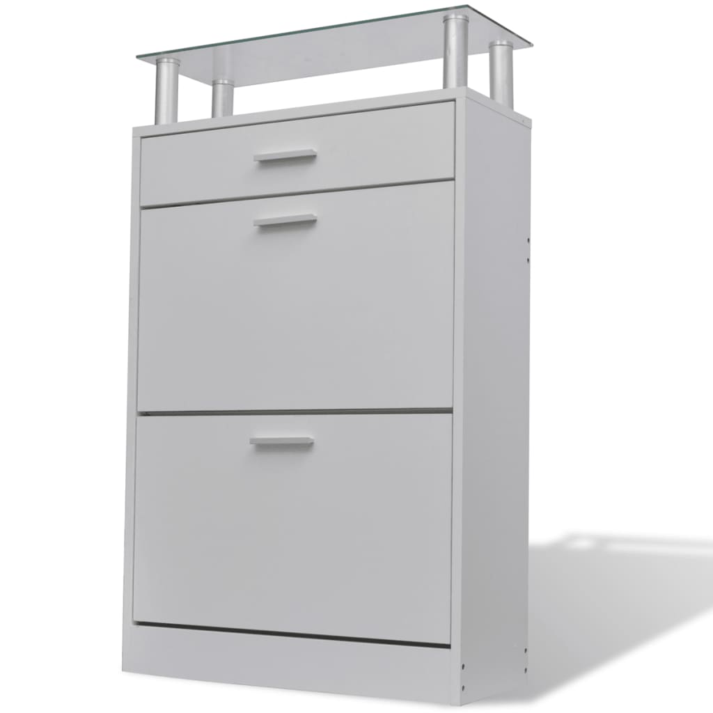 Scarpiera Con Cassetto E Mensola Vetro Sopra In Legno Bianco
