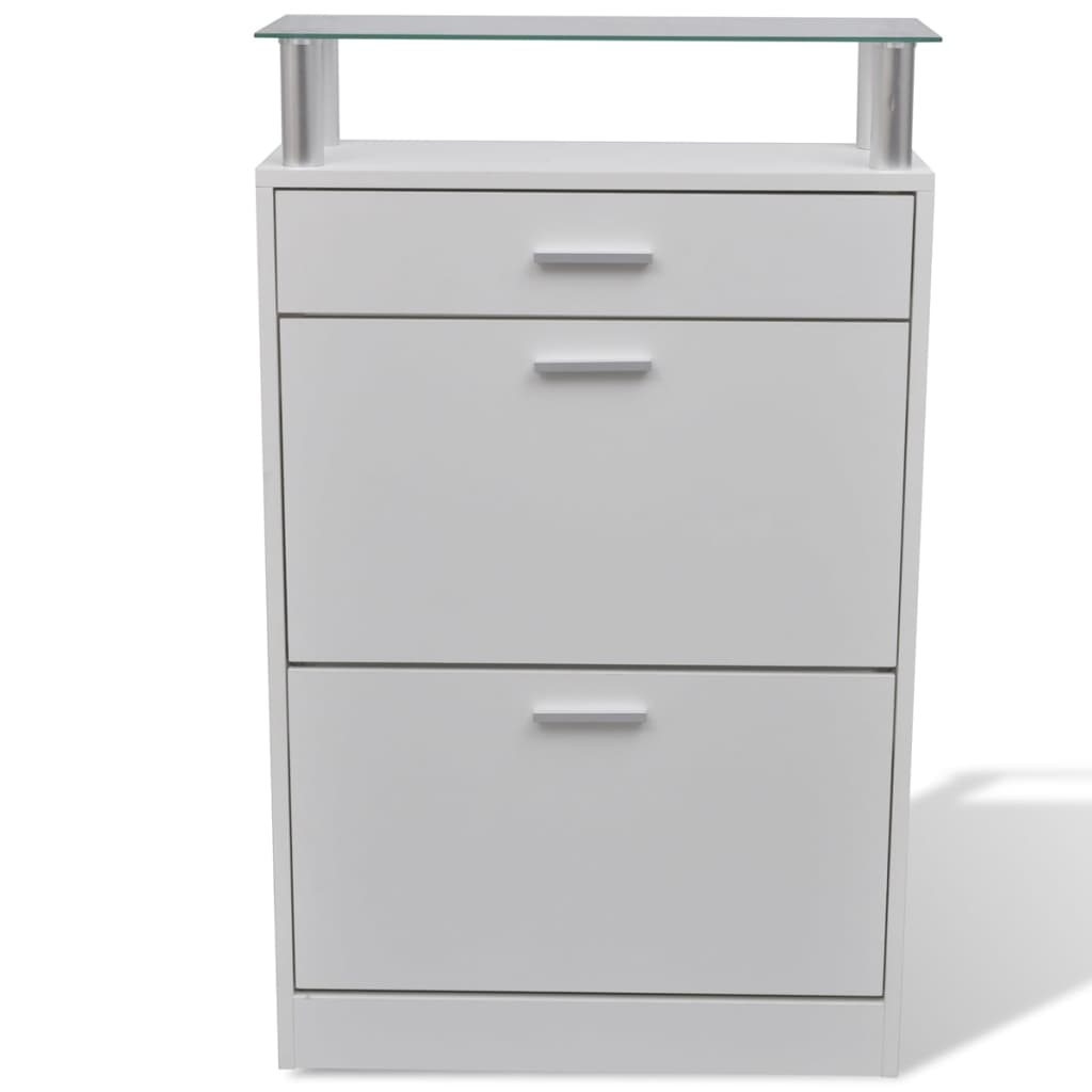 Scarpiera Con Cassetto E Mensola Vetro Sopra In Legno Bianco - Image 2