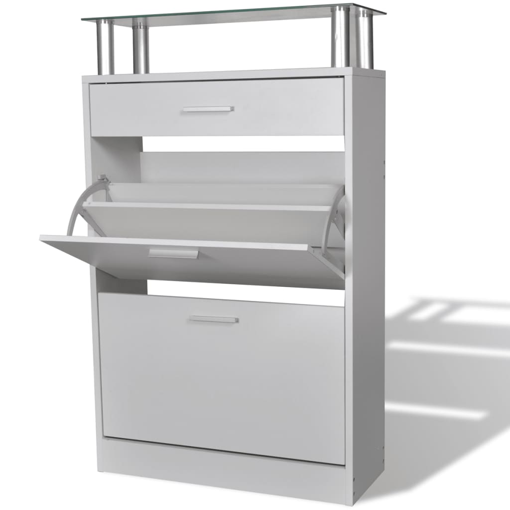 Scarpiera Con Cassetto E Mensola Vetro Sopra In Legno Bianco - Image 5