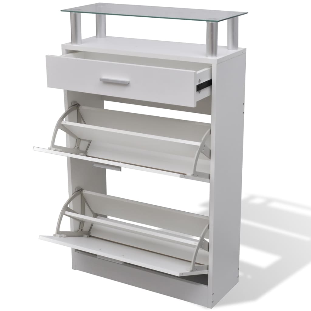 Scarpiera Con Cassetto E Mensola Vetro Sopra In Legno Bianco - Image 3