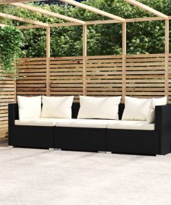 Divano A 3 Posti Con Cuscini Nero In Polyrattan