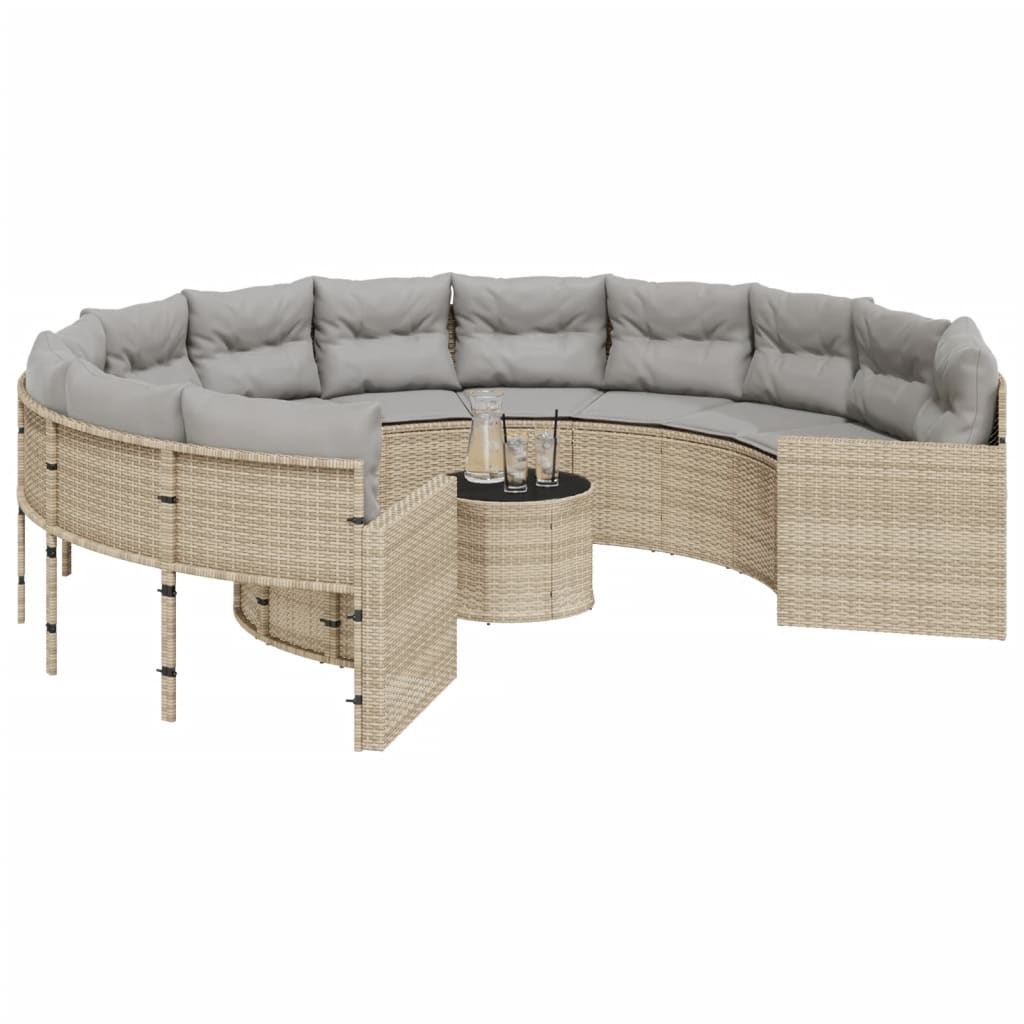 Divano Giardino Con Tavolo E Cuscini Circolare Beige Polyrattan