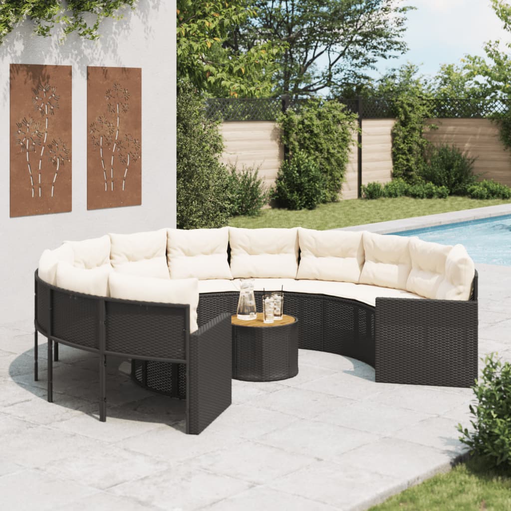 Divano Giardino Con Tavolo E Cuscini Circolare Nero Polyrattan