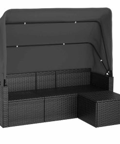 Divano Giardino 3 Posti Con Tetto E Poggiapiedi Nero Polyrattan