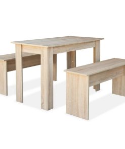 Tavolo Da Pranzo E Panche 3 Pz In Legno Multistrato Rovere