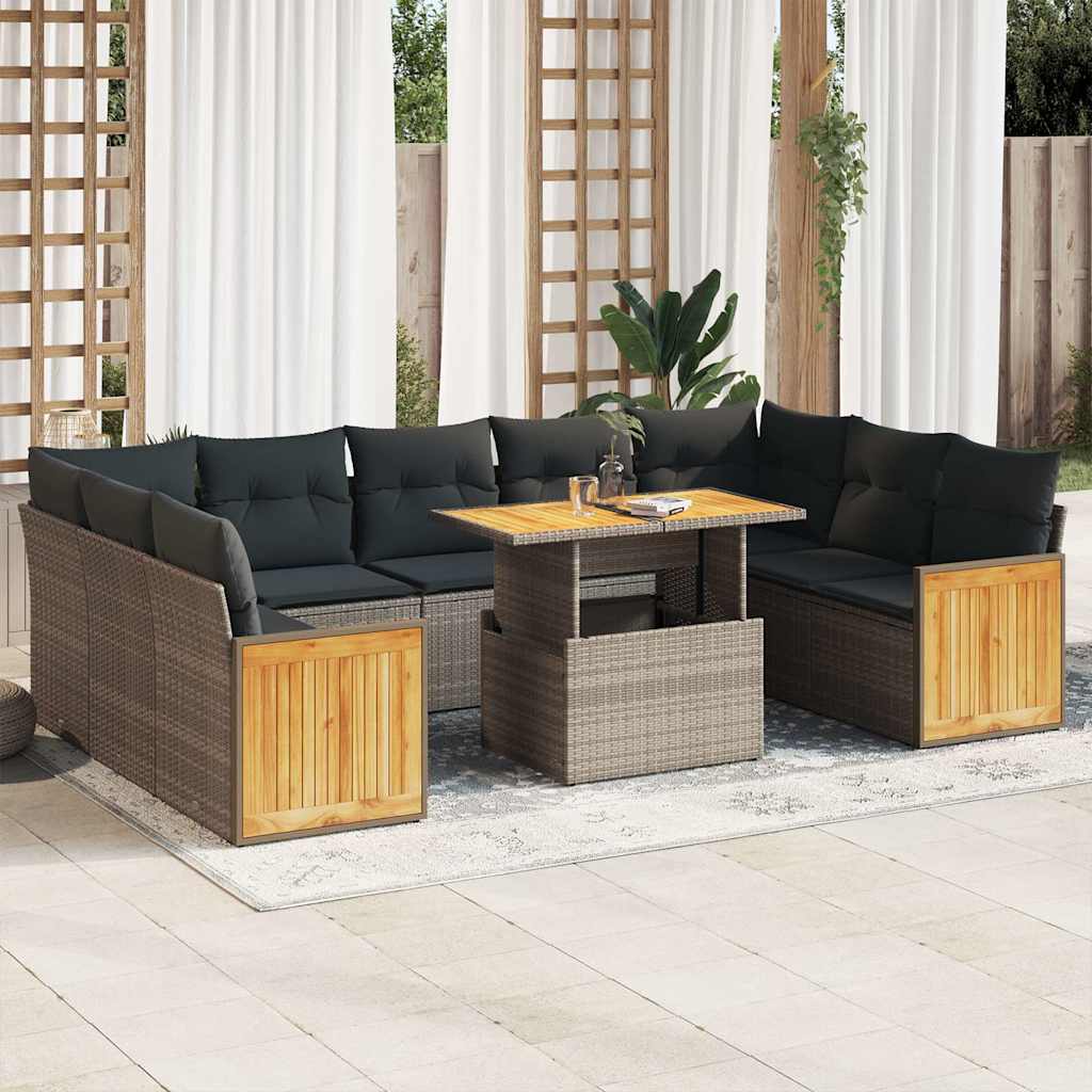 Divano Giardino 10 Pz Con Cuscini Grigio In Polyrattan Acacia
