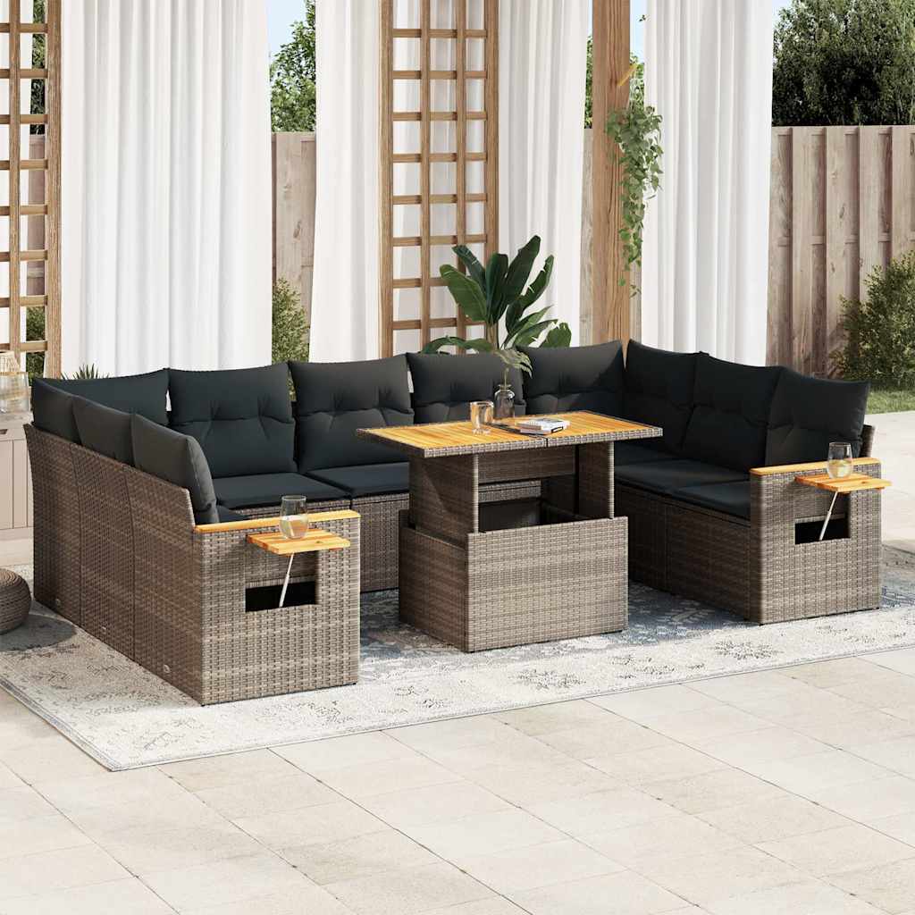 Divano Giardino 10 Pz Con Cuscini Grigio In Polyrattan Acacia