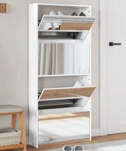 Scarpiera Con Specchio A 4 Livelli Bianco Lucido 63x17x134 cm