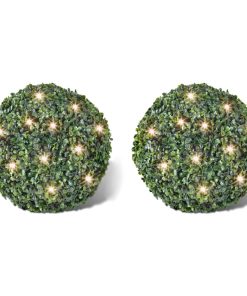 2 Palle Topiarie Foglie Artificiali In Legno Di Bosso 27 Cm Led Solare