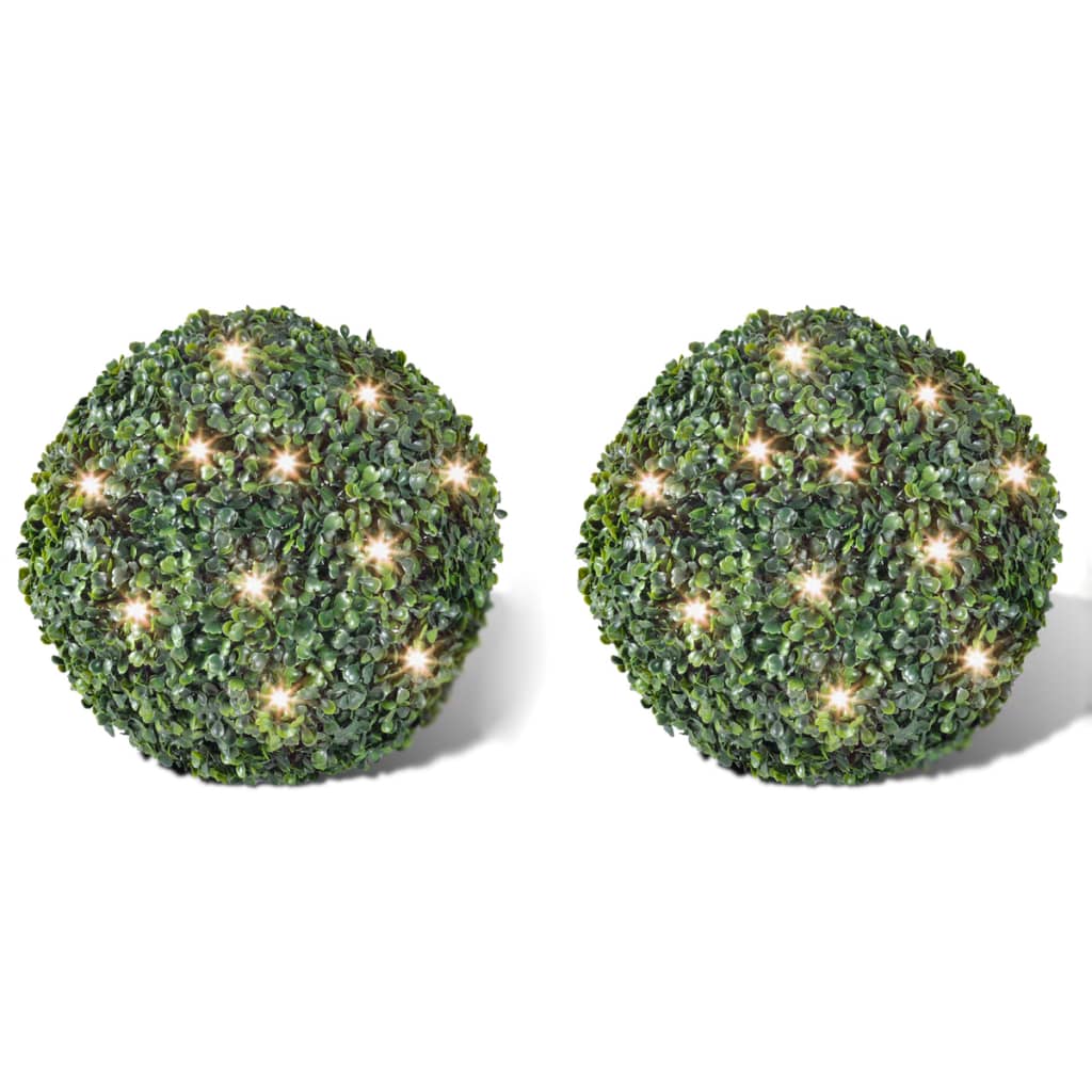 2 Palle Topiarie Foglie Artificiali In Legno Di Bosso 27 Cm Led Solare
