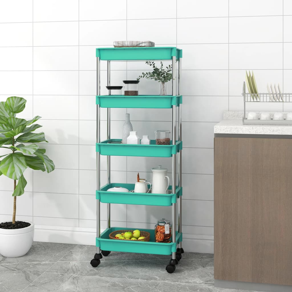 Carrello Da Cucina 5 Ripiani Turchese 42x29x128 Cm Ferro E Abs