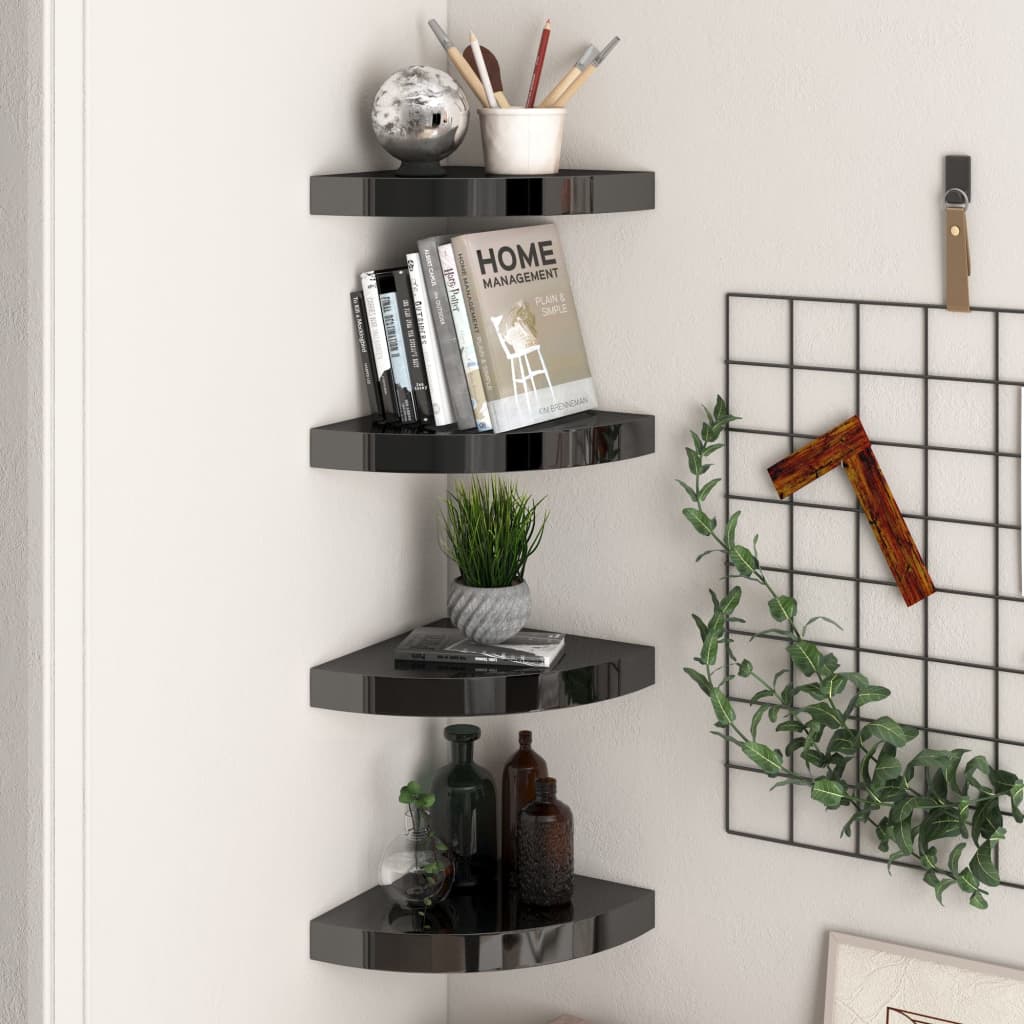 323891 Floating Corner Shelves 4 Pcs High Gloss Black 25x25x3,8 Cm Mdf - Image 3