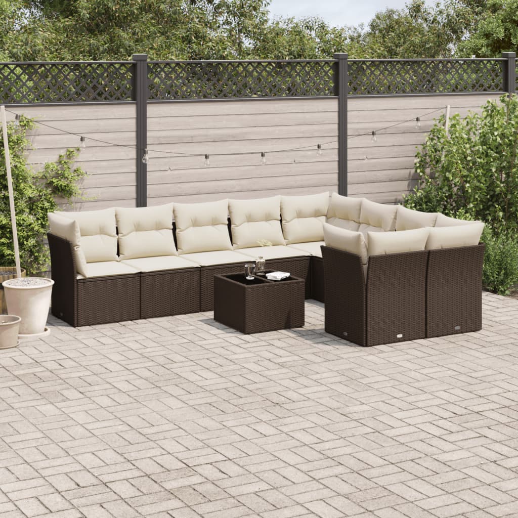 Set Divani Da Giardino 10pz Con Cuscini In Polyrattan Marrone - Image 3