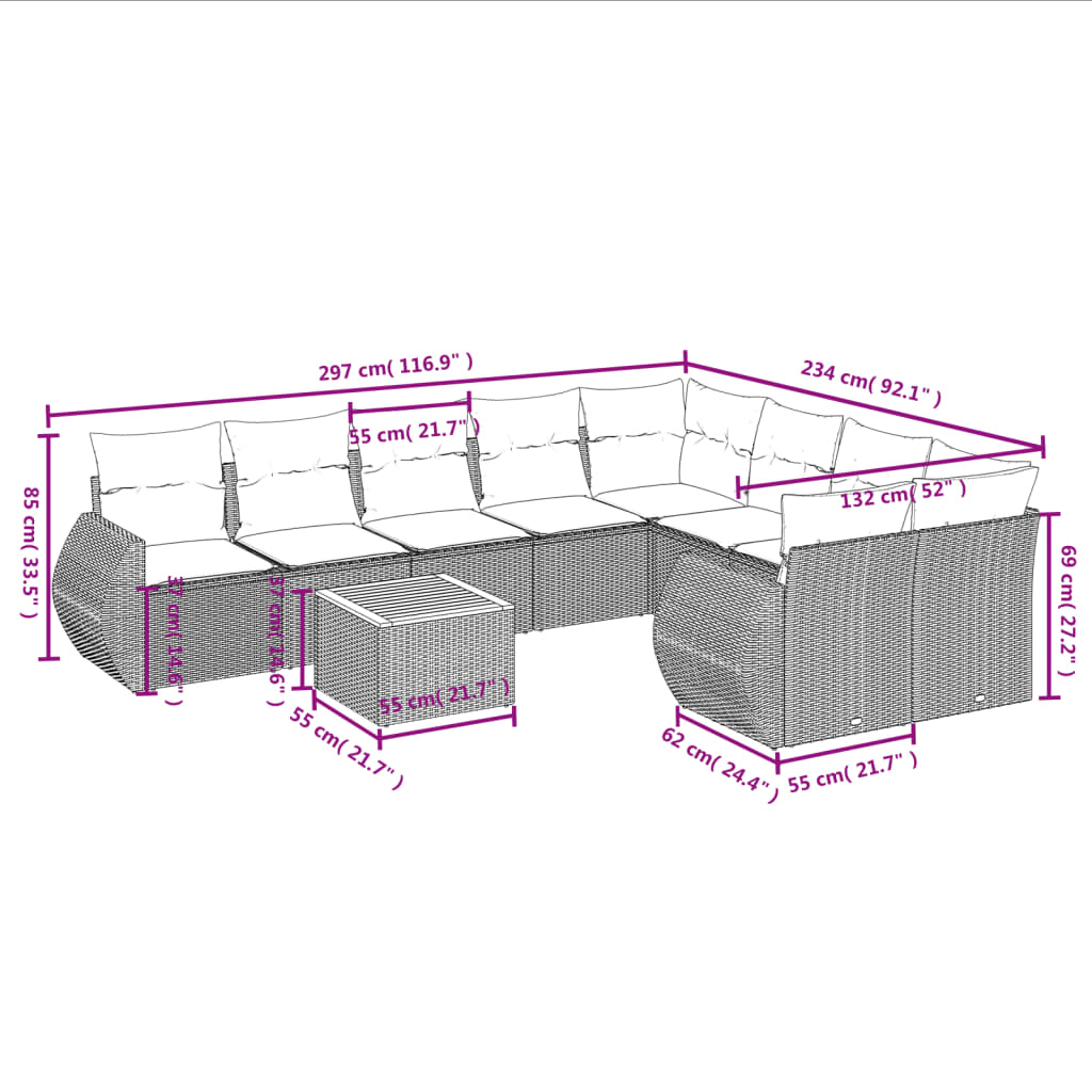 Set Divani Da Giardino 10pz Con Cuscini In Polyrattan Nero - Image 3