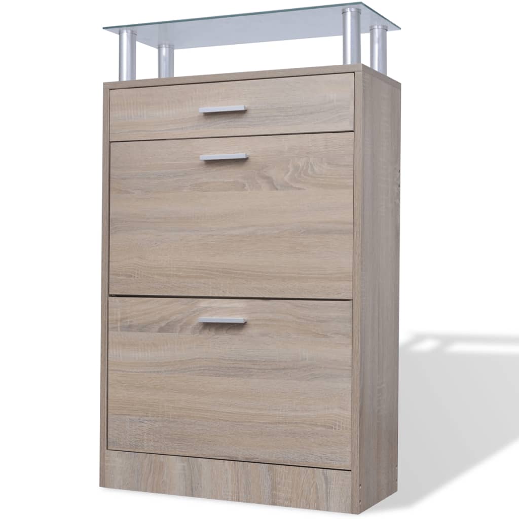 Scarpiera Con 1 Cassetto E Mensola Vetro Sopra In Legno Rovere - Image 4
