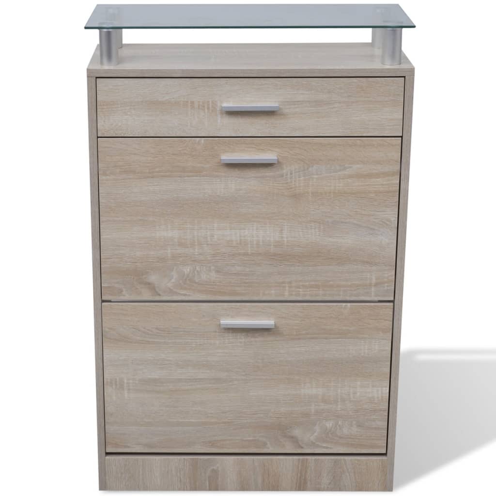 Scarpiera Con 1 Cassetto E Mensola Vetro Sopra In Legno Rovere - Image 3