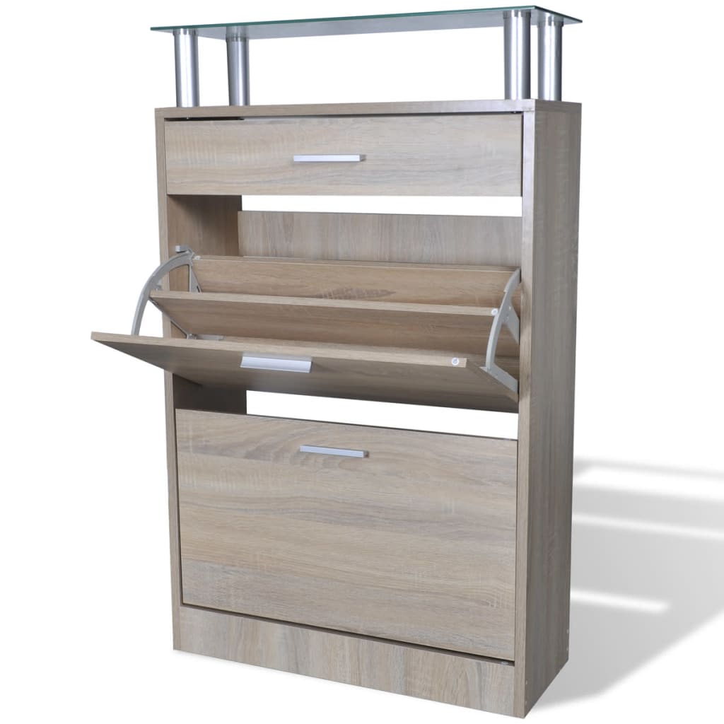 Scarpiera Con 1 Cassetto E Mensola Vetro Sopra In Legno Rovere - Image 5