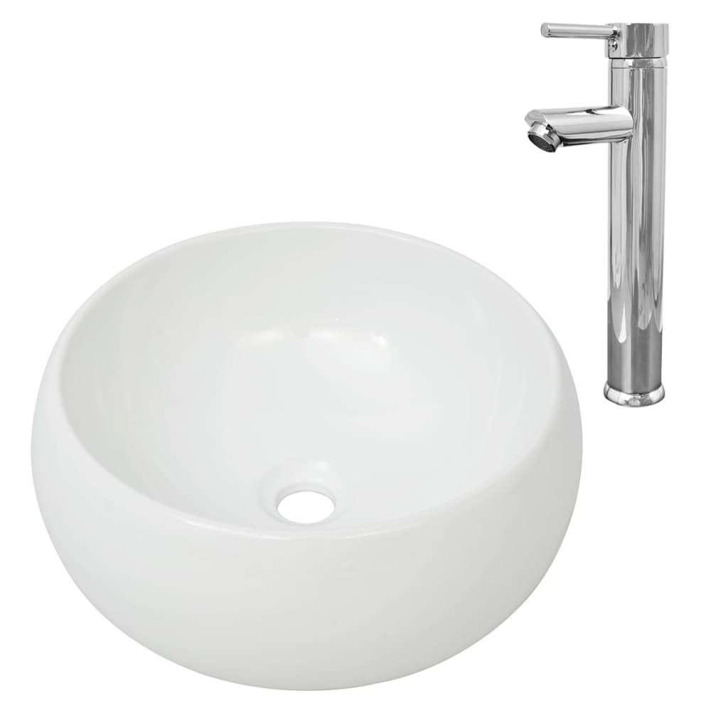 Lavello Bagno Con Miscelatore In Ceramica Rotondo Bianco - Image 6