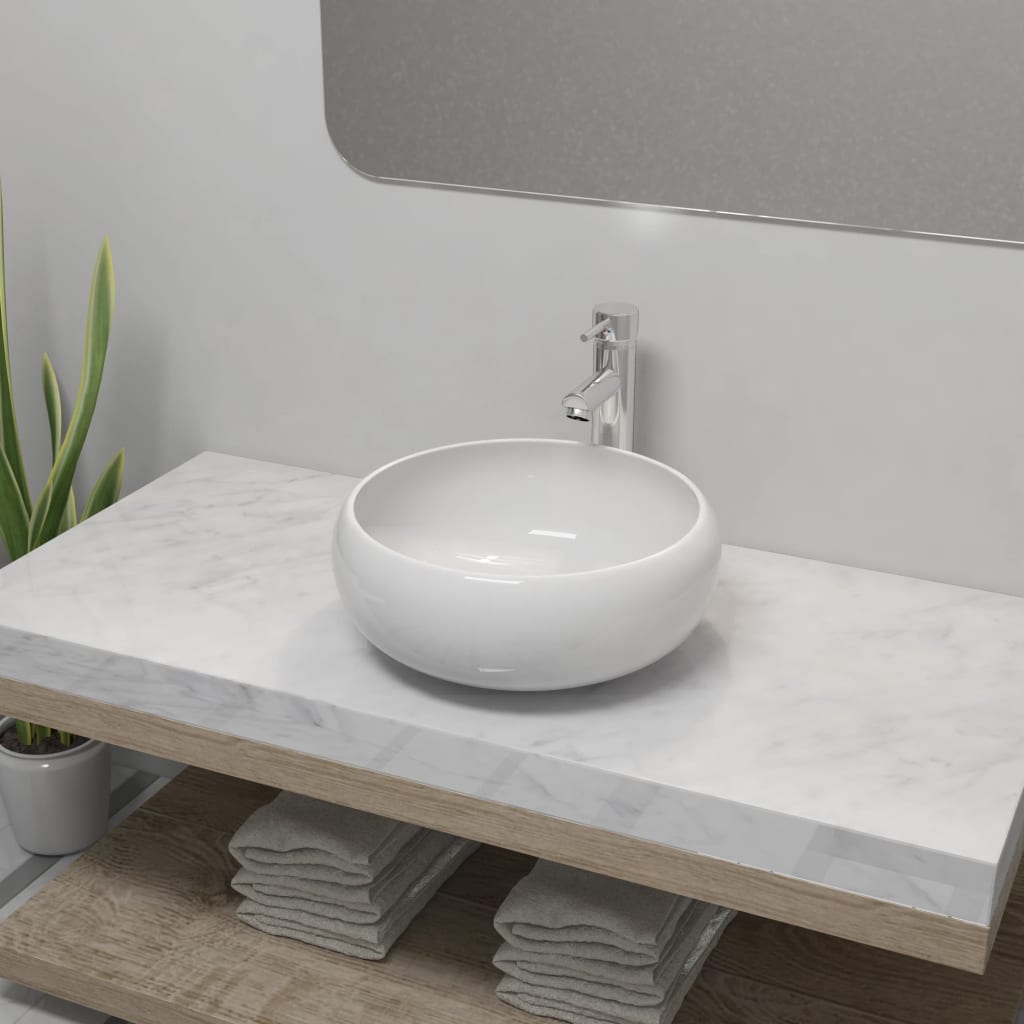 Lavello Bagno Con Miscelatore In Ceramica Rotondo Bianco - Image 3