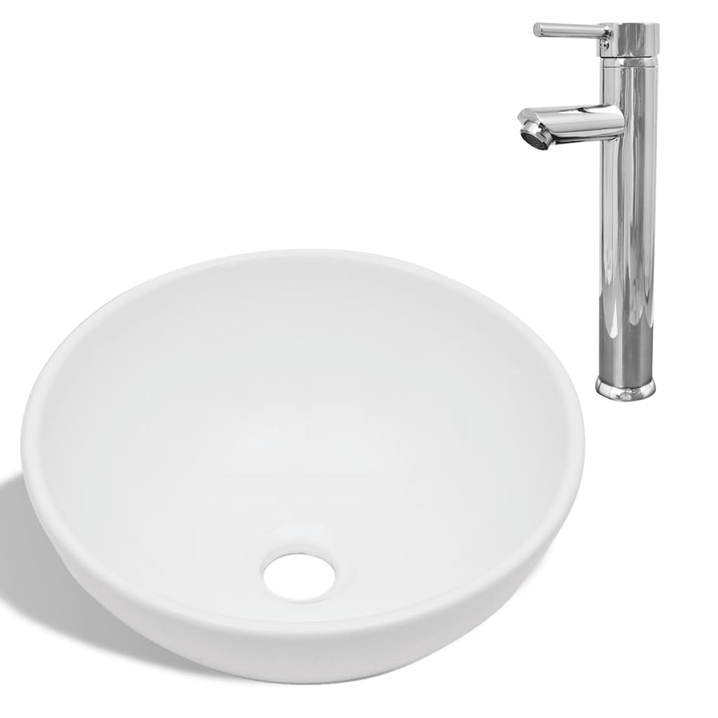 Lavello Bagno Con Miscelatore In Ceramica Rotondo Bianco - Image 3