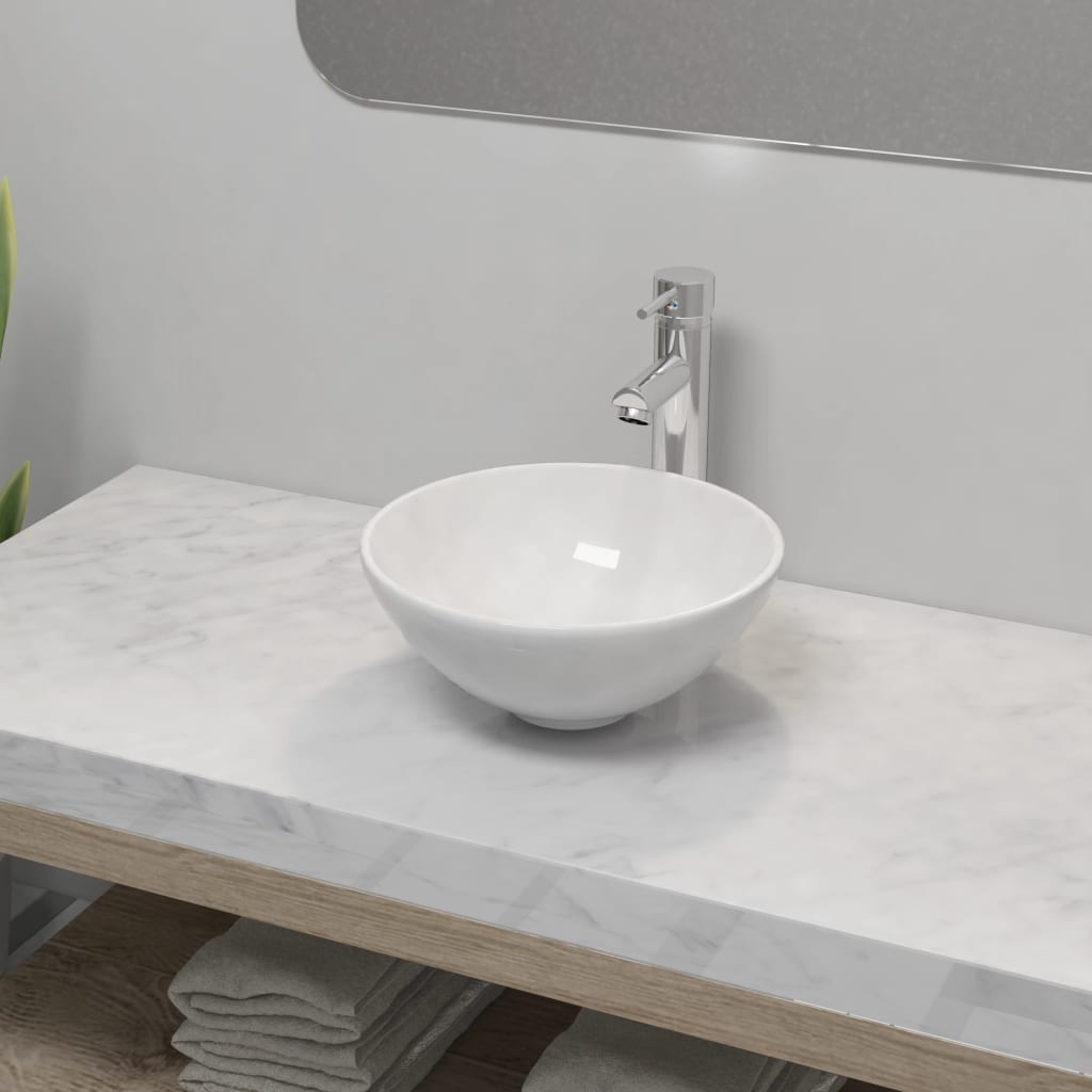 Lavello Bagno Con Miscelatore In Ceramica Rotondo Bianco - Image 4