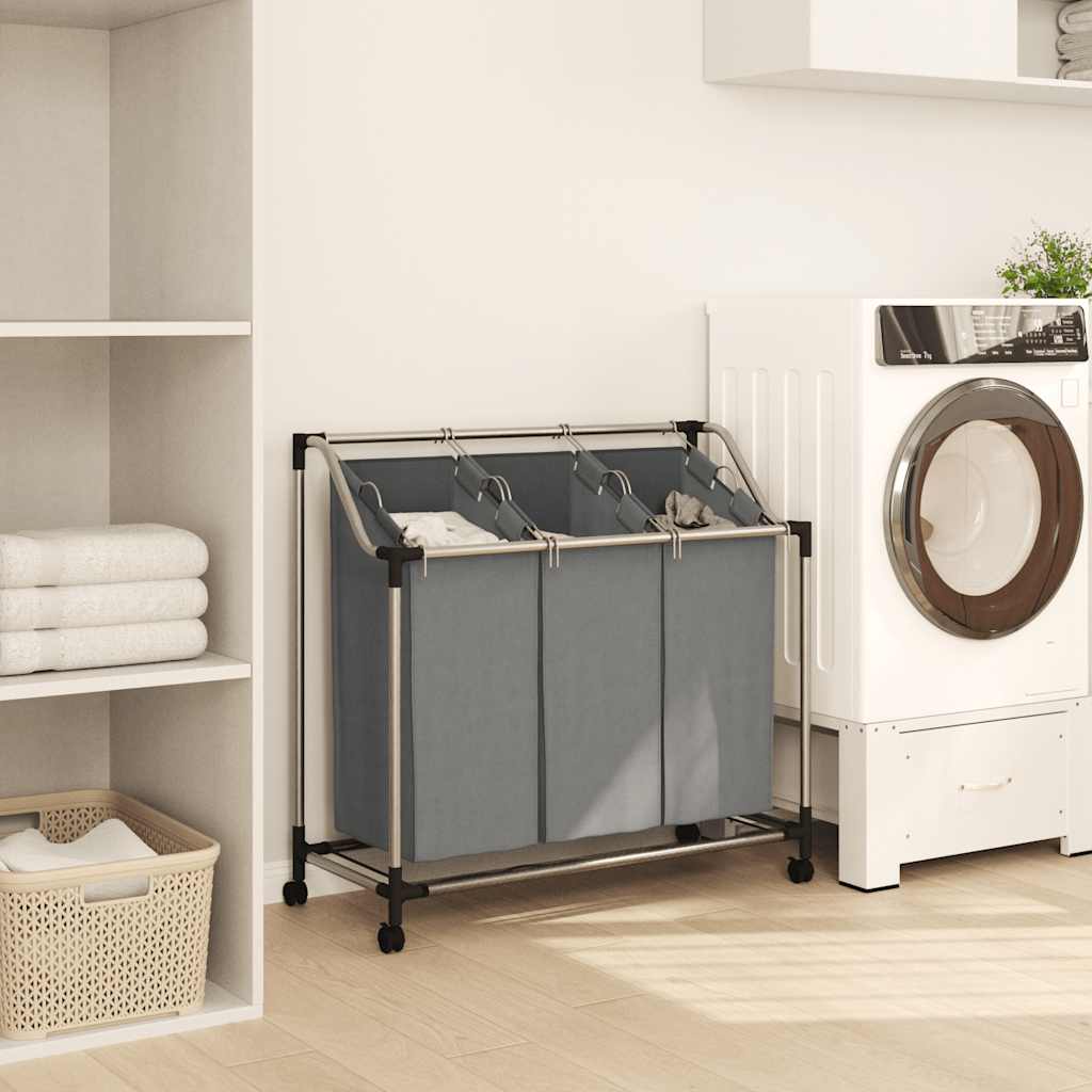 Cesto Portabiancheria Con Ruote 3 Scomparti Grigio - Image 3