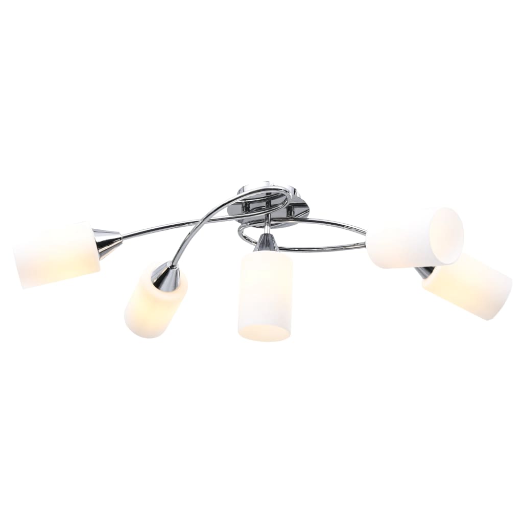 Lampadario Paralumi In Ceramica 5 Lampadine E14 Bianco A Cono
