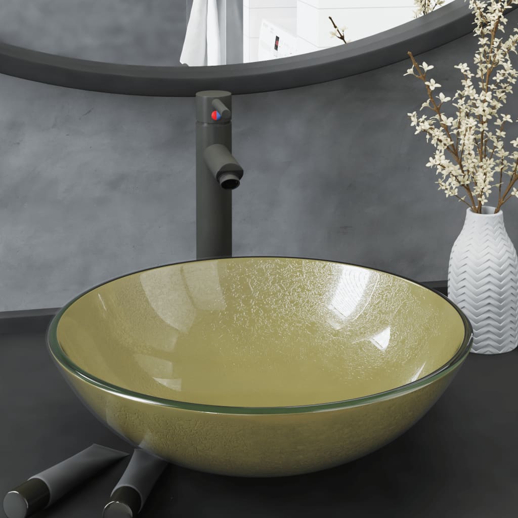 Lavandino Rubinetto E Piletta A Pressione Vetro Temperato Oro - Image 2