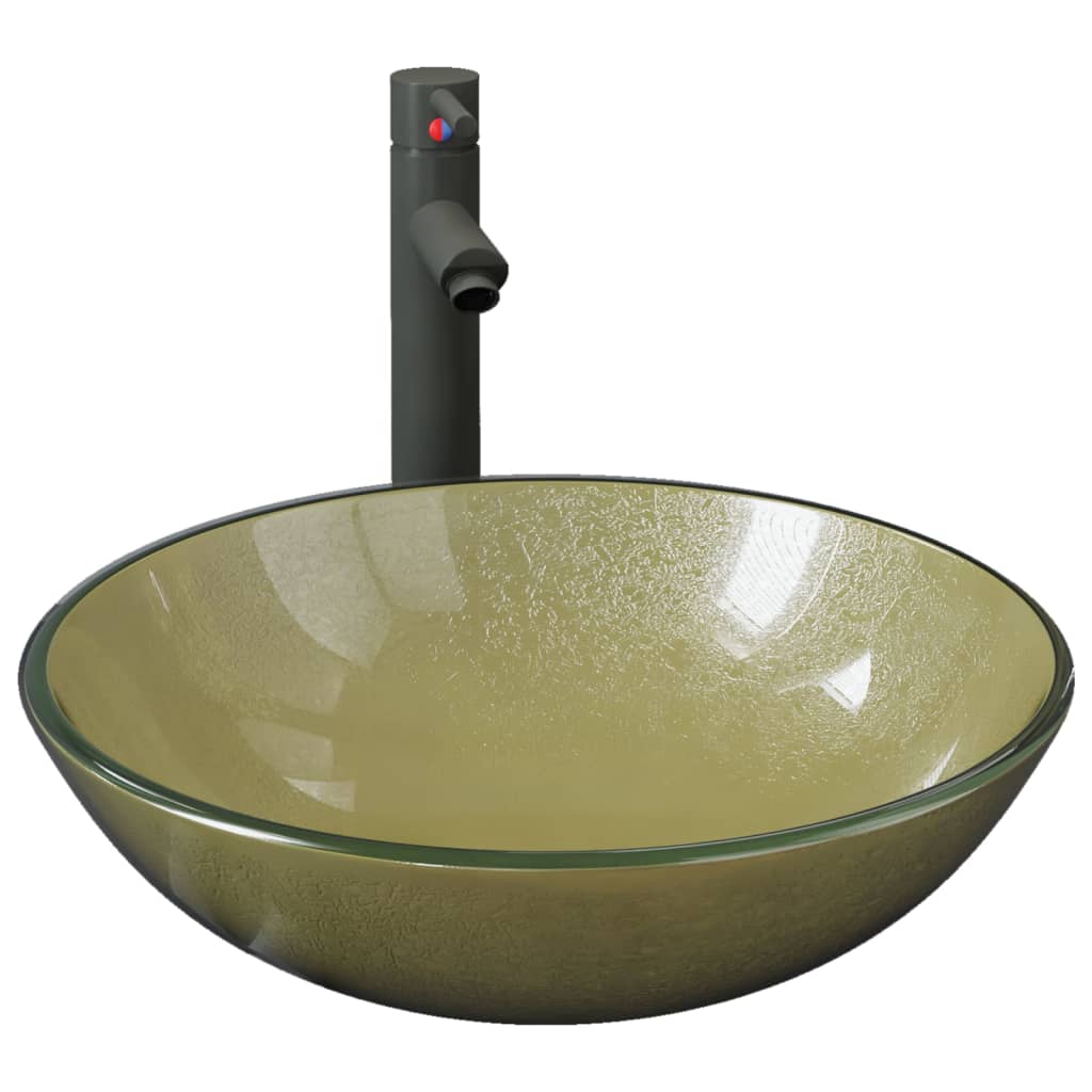 Lavandino Rubinetto E Piletta A Pressione Vetro Temperato Oro
