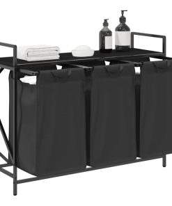 Cesto Per La Biancheria 3 Scomparti Con Ripiano Rovere Nero