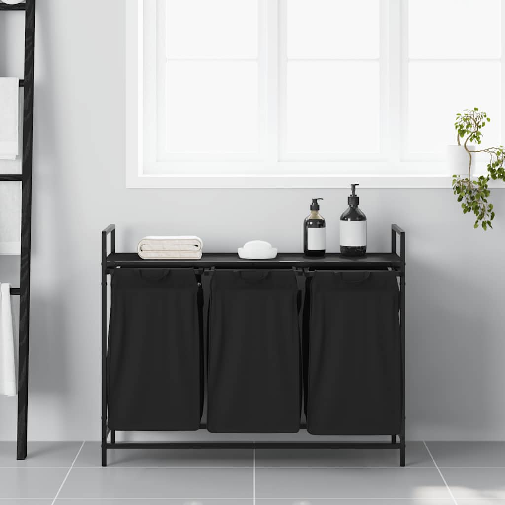 Cesto Per La Biancheria 3 Scomparti Con Ripiano Rovere Nero - Image 6