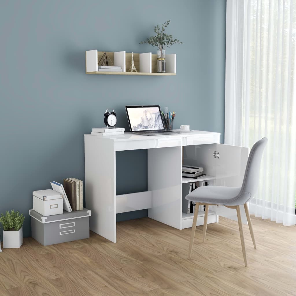 vidaXL Escritorio de madera contrachapada blanco brillo 100x50x76 cm
