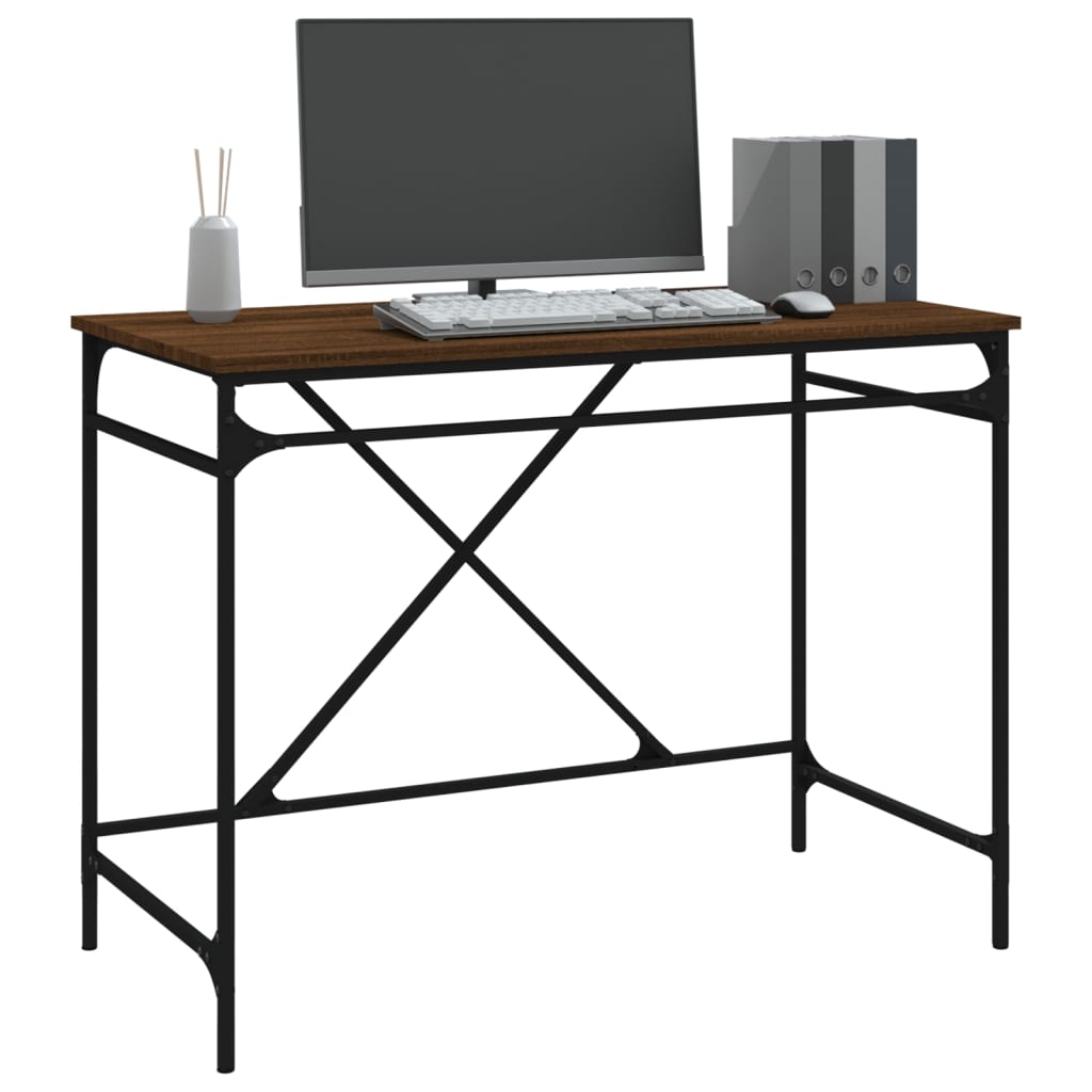 vidaXL Escritorio hierro madera contrachapada marrón roble 100x50x75cm