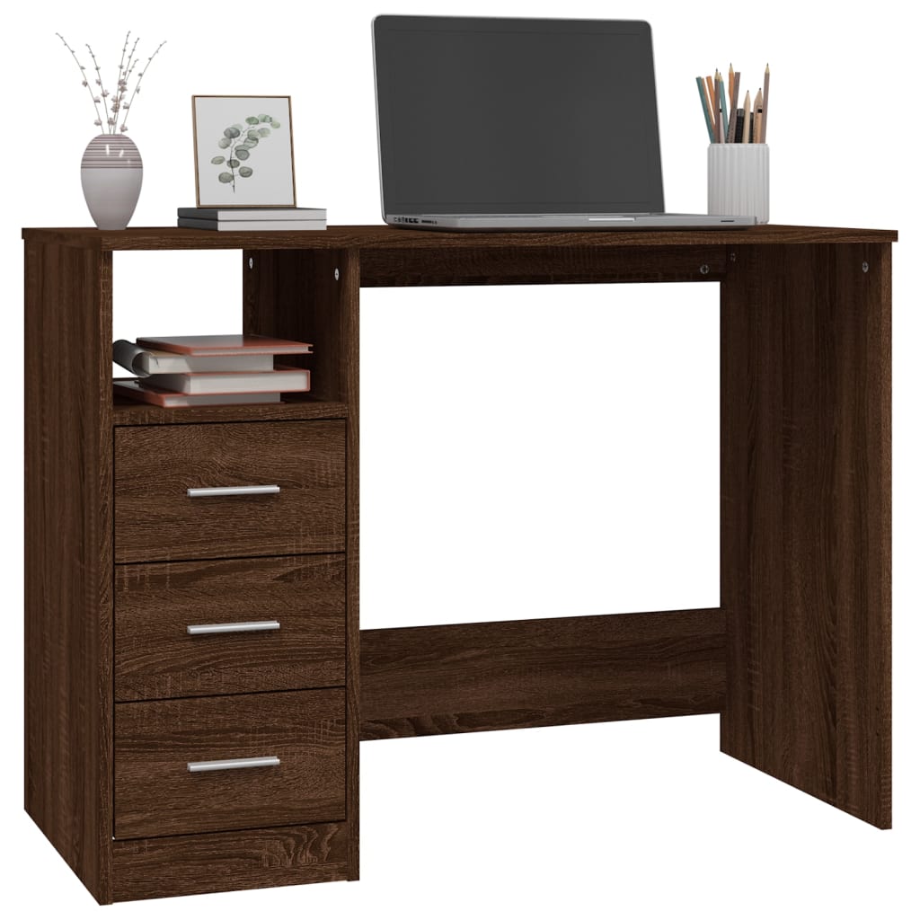 vidaXL Escritorio con cajones contrachapada marrón roble 102x50x76 cm