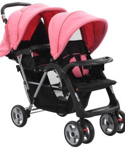 vidaXL Tandem-Kinderwagen Stahl Rosa und Schwarz