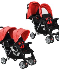 vidaXL Tandem-Kinderwagen Stahl Rot und Schwarz