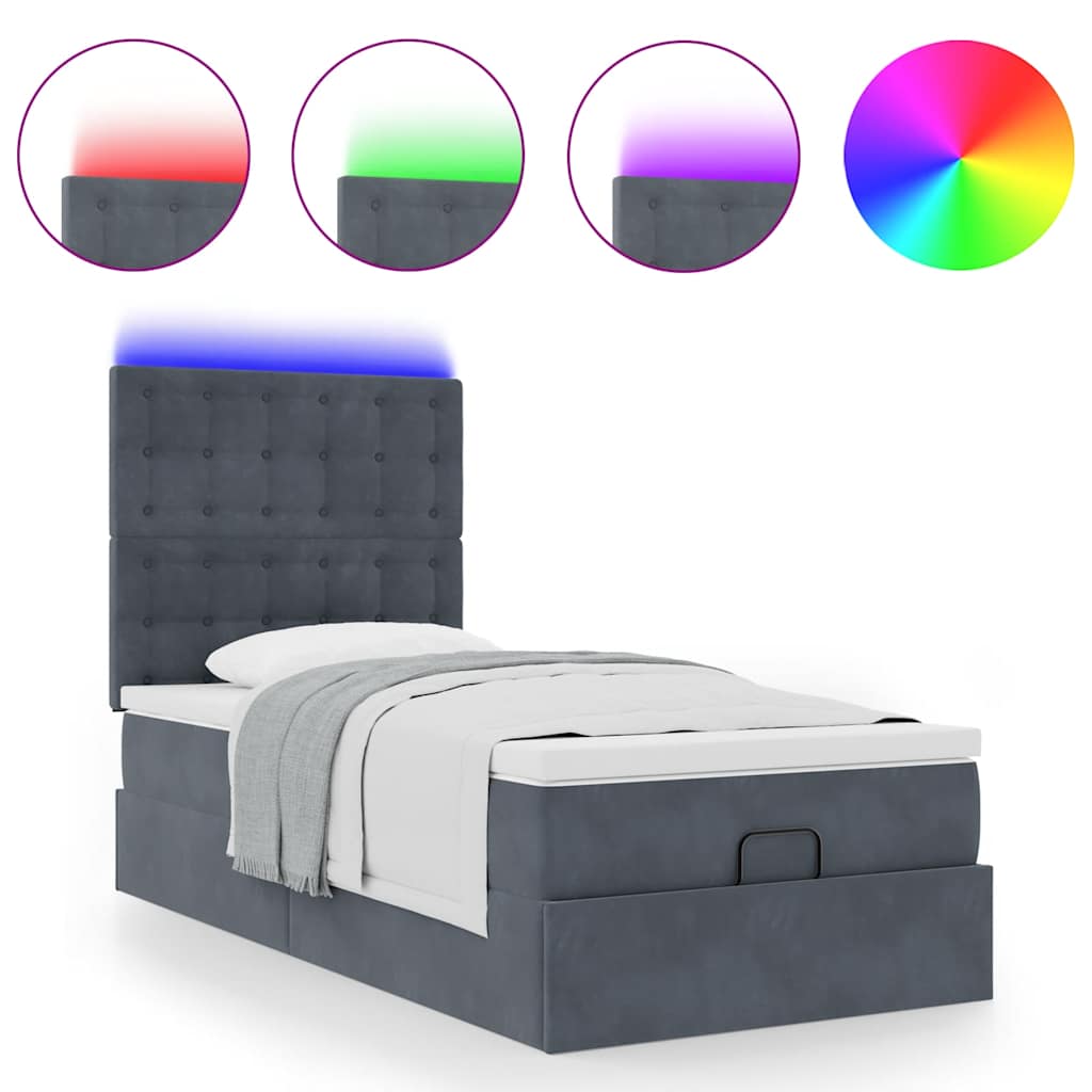 vidaXL Ottoman-Bett mit Matratzen & LEDs Dunkelgrau 90x200 cm Samt - Image 4