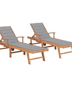 vidaXL Sonnenliegen 2 Stk. mit Auflagen Grau Massivholz Teak