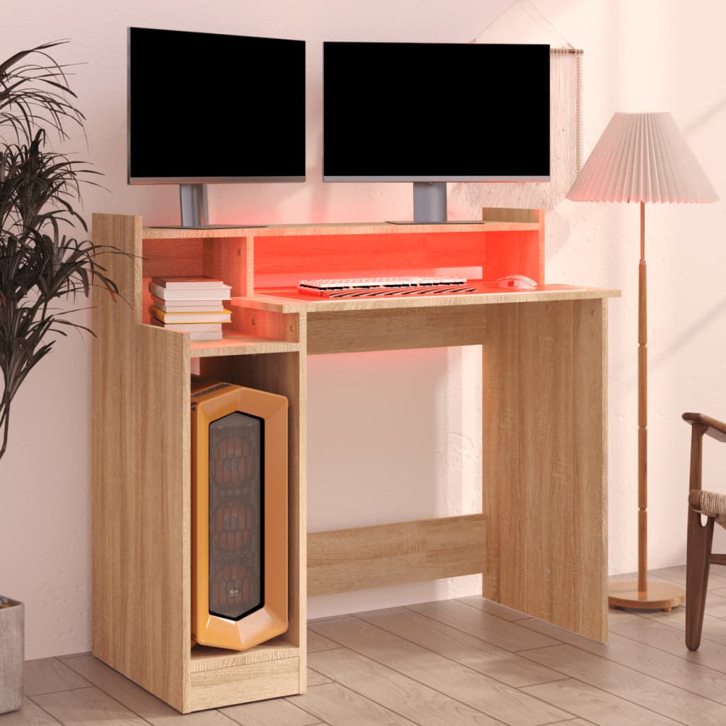 vidaXL Escritorio con LED madera contrachapada roble sonoma 97x45x90cm