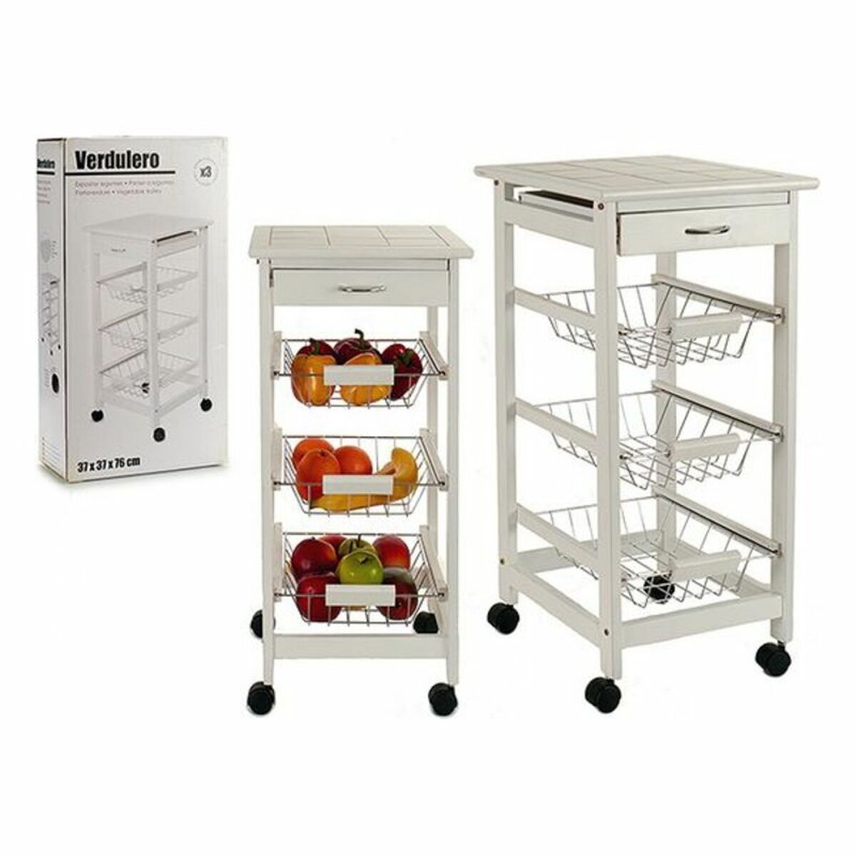 Carrello per Verdure Kinvara JWKT-3035 Bianco Metallo Legno di pino Piastrella 37 x 76 x 37 cm Stand a 3 piani