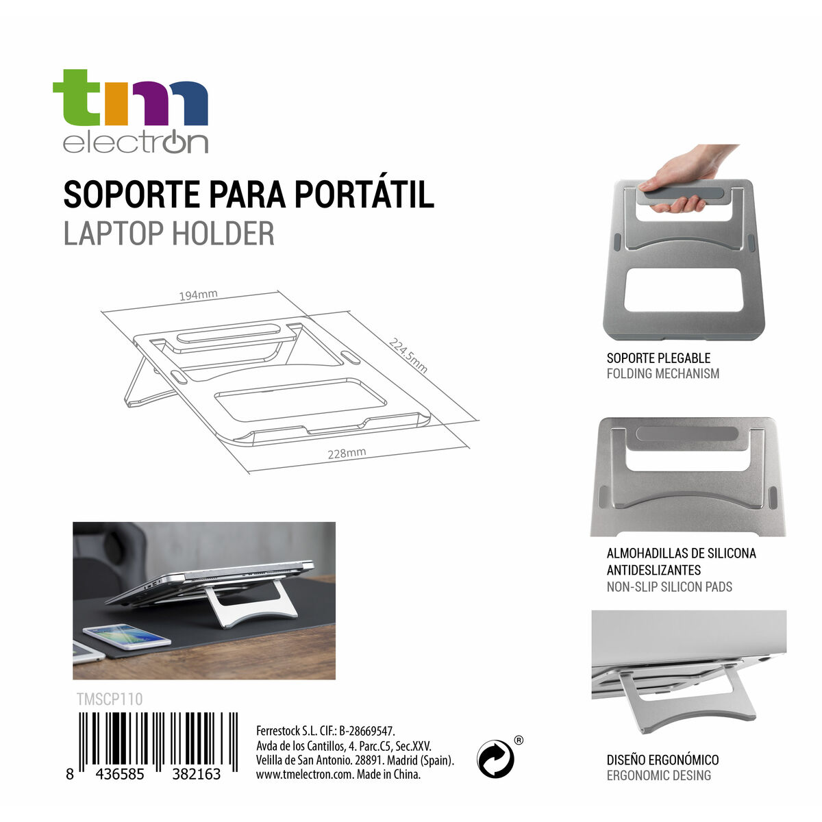 Supporto per Portatile TM Electron Silicone Alluminio Ergonomico 22,5 x 22,8 x 0,4 cm