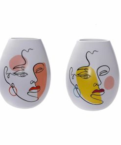 Vaso DKD Home Decor 22,5 x 22,5 x 29 cm Viso Bianco Resina Multicolore (2 Unità)