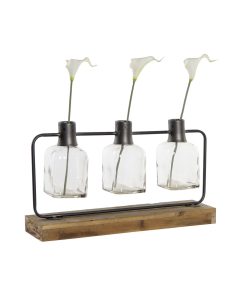 Vaso DKD Home Decor Nero Naturale Metallo Cristallo Legno di paulownia 49 x 11 x 27 cm (3 Pezzi)